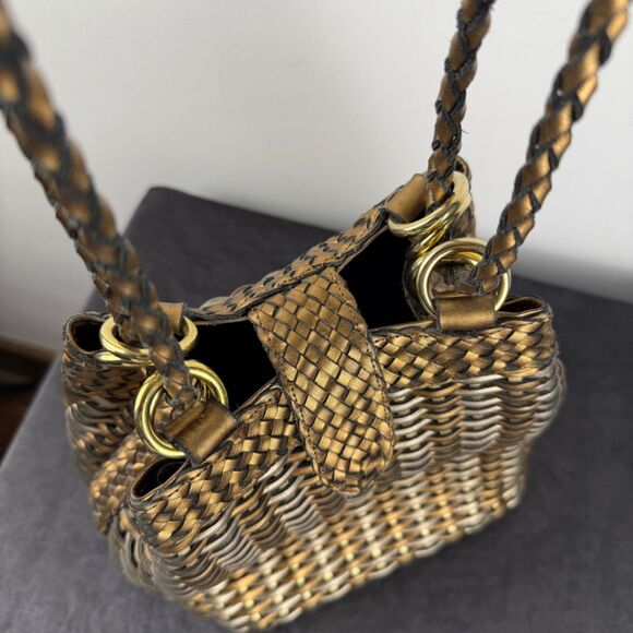 Vintage CEM Woven Leather Metallic Bronze Gold Purse | 80's 90s Bucket Style Bag - Picture 3 of 15